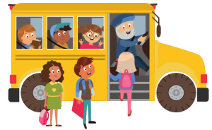 School bus cartoon with students boarding bus